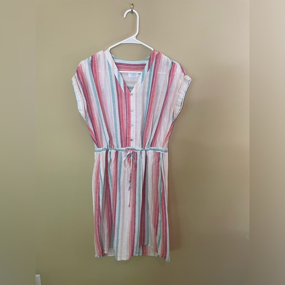 TIME & TRU women’s cream striped linen cotton dress, Sz S (4-6), EUC